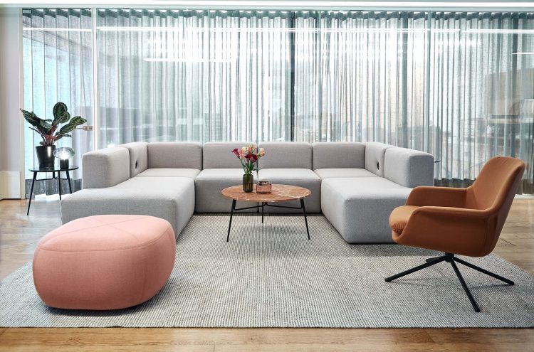 Icons of Denmark_Showroom 2019 with EC1 modular sofa, Smile lounge chair, Spire coffee table